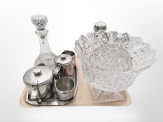 Two crystal decanters, further pedestal bowl, rose bowl, and a stainless steel tea set on tray.