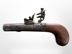An early-19th century Queen Anne-style flintlock pocket pistol by I Barker, length 16cm.