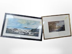 Robert Turnbull : Bamburgh Castle village in winter, pastel,