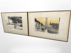 Two continental lithographs depicting figures by a canal, each 63cm x 45cm.