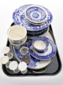 A group of blue and white willow pattern ceramics including Masons, Spode,