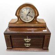 An inlaid Edwardian canteen box (empty) together with an inlaid mantle clock with pendulum