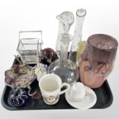 A group of glass and ceramics including decanter, studio glass vase and paperweight,