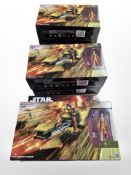 Six Hasbro Disney Star Wars Ezra Bridger's Speeder figurines, boxed.