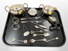 Two silver spoons, a silver Brandy decanter label,