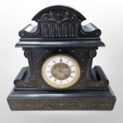 A Victorian black slate and malachite inlaid eight day mantel clock,