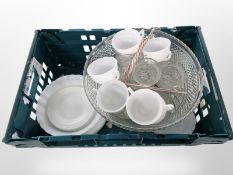 A pressed glass punch bowl and cups, further opaque glass tea wares, etc.