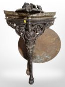 A Victorian cast iron and gilt Brittania pub table with circular copper top (dismantled)