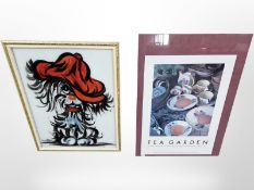 A Clarice Cliff print and an Italian painting of a dog in gilt frame,