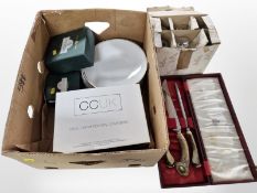 An antler-handled carving set, set of six Rosenthal crystal wine glasses, crystal decanter,