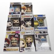 Eight Funko Pop! figurines including League of Legends, Halo, Magic: The Gathering, Mortal Combat X,