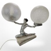 An Art Deco alabaster, silvered and patinated metal figural table lamp,
