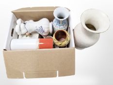 A group of ceramic vases and jugs, bread bin, etc.