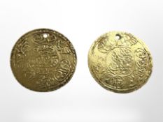 Two Middle-Eastern gold coins, diameter 2cm. CONDITION REPORT: 2.