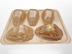 A set of five Art Deco lustrous glass wall light shades, length 19cm.