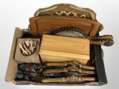 A group of gilt clothes hangers, serving tray, various treen items, pair of bellows, etc.