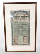 A framed Chinese Republic bond 49 cm by 25 cm