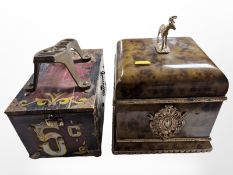 A reproduction tortoiseshell-effect lidded caddy, together with a painted shoe shine box.
