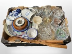 A quantity of blue and white ceramics, crystal drinking glasses, small barometer,