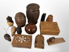 A group of treen including Indian carved hardwood lidded pot, paperweights,