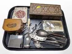A parquetry-inlaid trinket box, together with a Mauchline Ware tea caddy depicting Dunkeld,