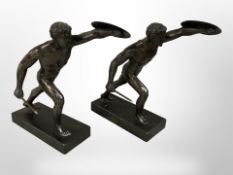 A pair of patinated metal Greco-Roman figures,