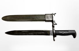 An American WWII M1 Garand bayonet, blade stamped 'AFH' (American Fork and Hoe), with scabbard,