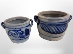Two Scandinavian salt-glazed twin-handled pots, largest 19cm high.
