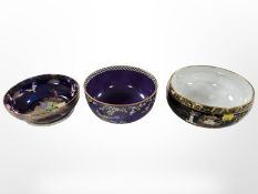 Three Maling lustre bowls, the first decorated in a chinoiserie pattern on black ground, No.