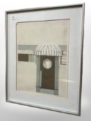 A Danish lithographic print, indistinctly signed in pencil, depicting a cabin, 40cm x 55cm.