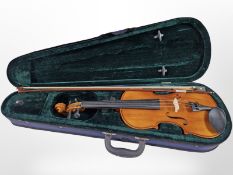 A contemporary violin with two-piece 14-inch back, in case with bow.