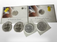 Two Royal Mint, ' A Timeless First' George and the Dragon 2013 £20 fine silver coins,