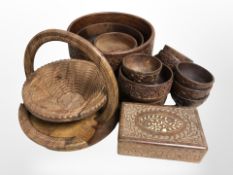 A quantity of carved hardwood Indian bowls, bone-inlaid trinket box, collapsible basket, etc.