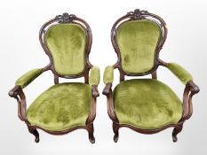 A pair of Victorian-style carved mahogany salon armchairs