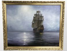 Twentieth century School (After Montague Dawson) : A battleship in calm moonlit water,