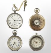 A silver open face key-wound pocket watch,