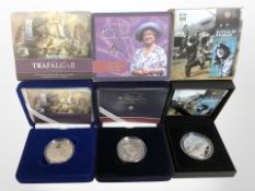 Three Royal Mint silver proof crowns to include the Battle of Trafalgar 200th Year Anniversary,
