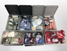 Seven plastic storage boxes with lids all containing assorted cravats