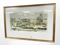 A Danish lithographic print depicting a town landscape, indistinctly signed, 53cm x 28cm.