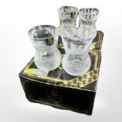 Two boxed pairs of Edinburgh Crystal whisky tumblers etched with thistles, height 10cm.