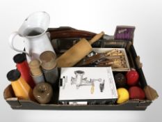 A quantity of Scandinavian kitchen wares including cutlery, mincer, enamelled jug, rolling pin,