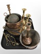 A group of brass and copper candlesticks, horn-handled cutthroat razor,