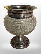 A silver-mounted crystal pedestal bowl, Birmingham marks, height 14cm.