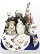 A group of ceramics including Old Tupton Ware quartz mantel timepiece and similar figure of a cat,