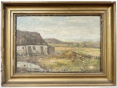 Danish school : Thatched barn on a hillside, oil on canvas, 52cm x 35cm, indistinctly signed.