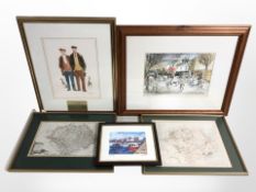 A group of pictures to include two 19th century engraved maps of Ulster,