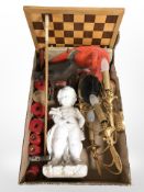 A plaster statue of a boy, painted wooden candle stands, pair of gilt metal wall sconces,