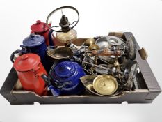 A group of enamelled coffee pots, pair of silver-plated candlesticks, pewter wares, oil lamp base,