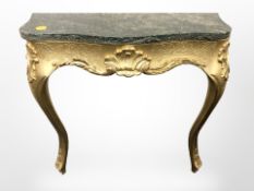 A Continental gilt serpentine fronted side table with green marble top,