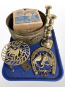 A pair of brass candlesticks, equestrian-themed key rack, silver-plated rose bowl,